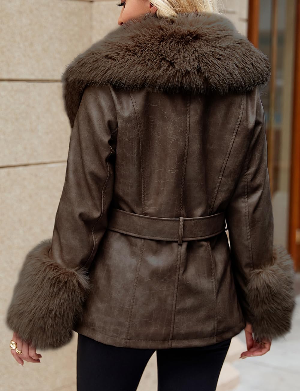 Bellivera Women Faux Leather Jacket Winter Long Sleeve Zip Belt Coat with Fur Collar - Image 2