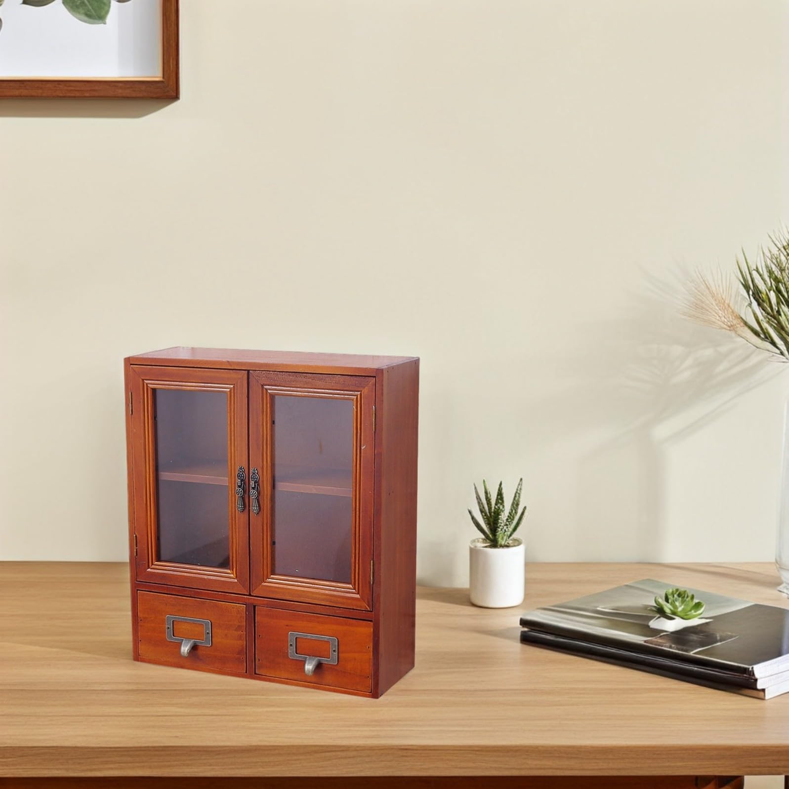 Holzschrank mit Glastüren und 2 Schubladen, Vintage Apothekerregal zur Küchenorganisation und Stauraumgestaltung