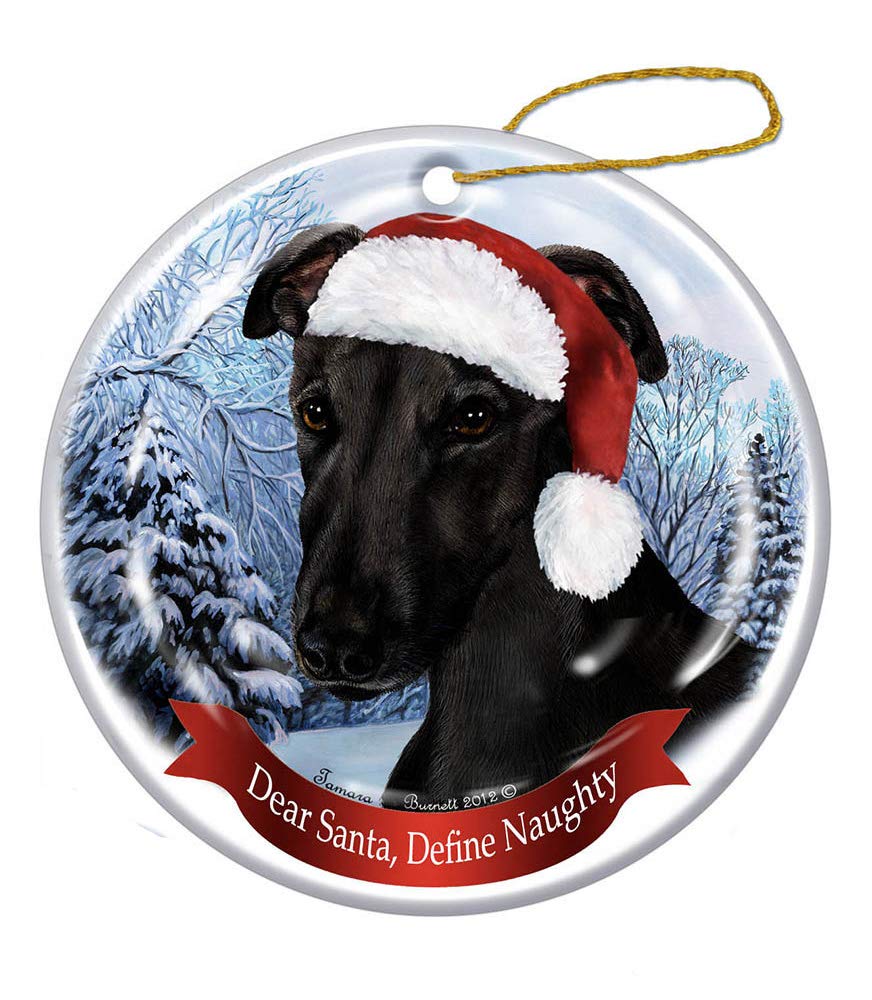 501 Black Christmas Tree Ornaments Ceramic Christmas Decorations,Xmas Tree Hanging Christmas Baubles Keepsake Memorial Greyhound Santa Hat Dog