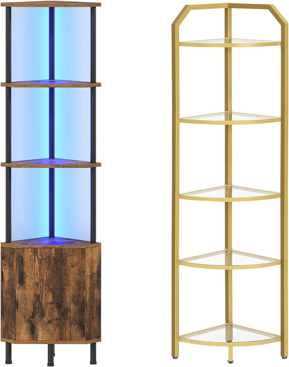 HOOBRO Corner Shelf with LED Light Bundle, Corner Cabinet with Storage and Doors, 5-Tier Industrial Narrow Bookshelf Display Rack for Living Room, Kitchen BF147DCJ01-GD15CJ01