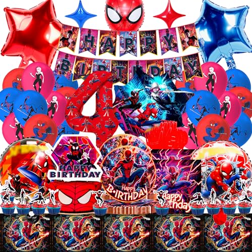 Balões de Homem-Aranha aniversário 4 anos, 94 peças decoração de aniversário Spiderma, festa de aniversário infantil com guirlanda, pratos Spider aniversário, louça Spiderma, toalha de mesa, papel de