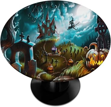 Halloween Turquoise Round Tablecloth with Elastic Halloween Decor Round Fitted Table Cover Wipeable Circle Outdoor Table Cloths for Kitchen Pattry Patio Dining Holiday Decorate Fit for 40"-44" Tables
