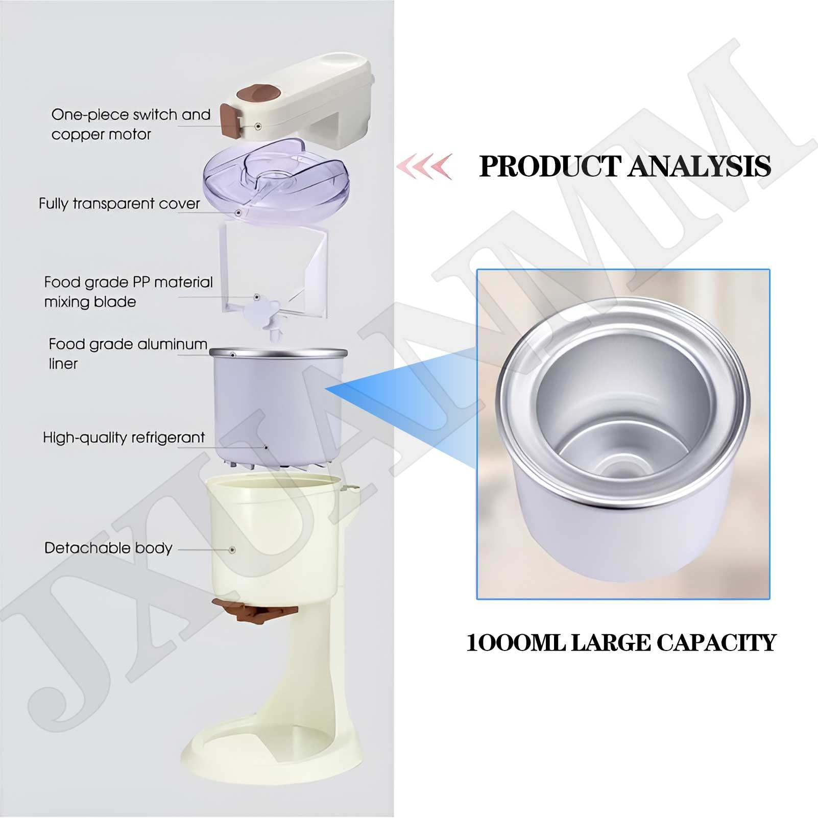 1000ml Włoska maszyna do lodów, 220V maszyny do lodów do domu, maszyna do mrożonego jogurtu i sorbetu, do domowego przenośnego blendera,White