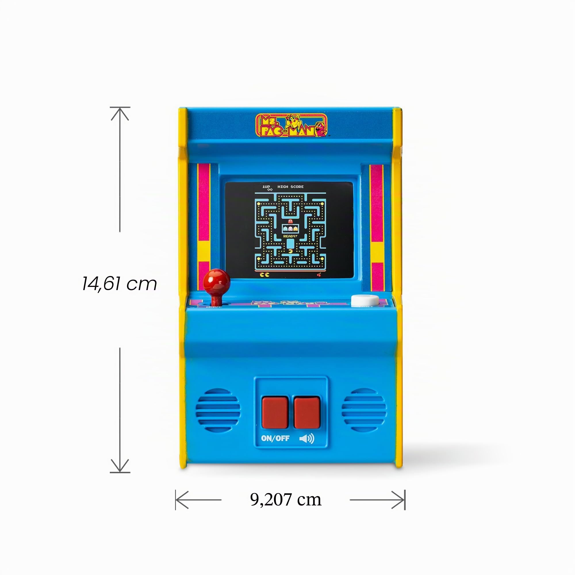 Basic Fun Arcade Classics Mini Ms. Pac-Man – Juego portátil Retro con Joystick, Pantalla a Color y Sonidos auténticos – para Fans y coleccionistas