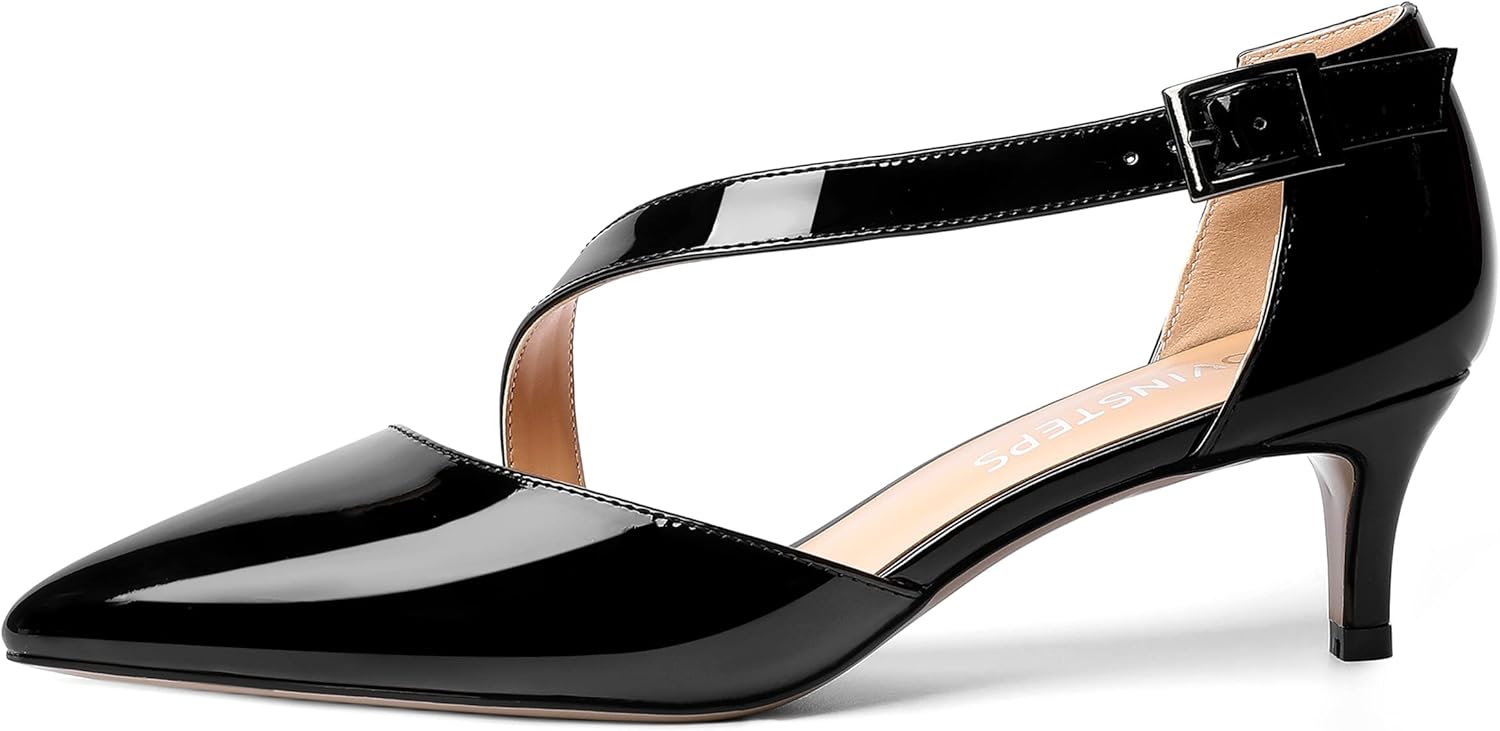 MOVINSTEPS Womens Buckle Dress D'Orsay Wedding Pointed Toe Patent Adjustable Strap Kitten Low Heel Pumps Shoes 2 Inch