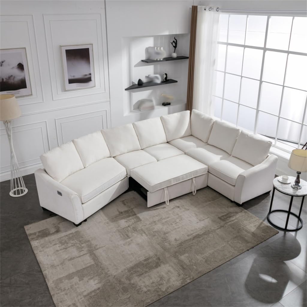129.5" Sectional Sofa,Comfort Sleeper with Pull-Out Bed, L-Shape Couch with Charging Port for Living Room
