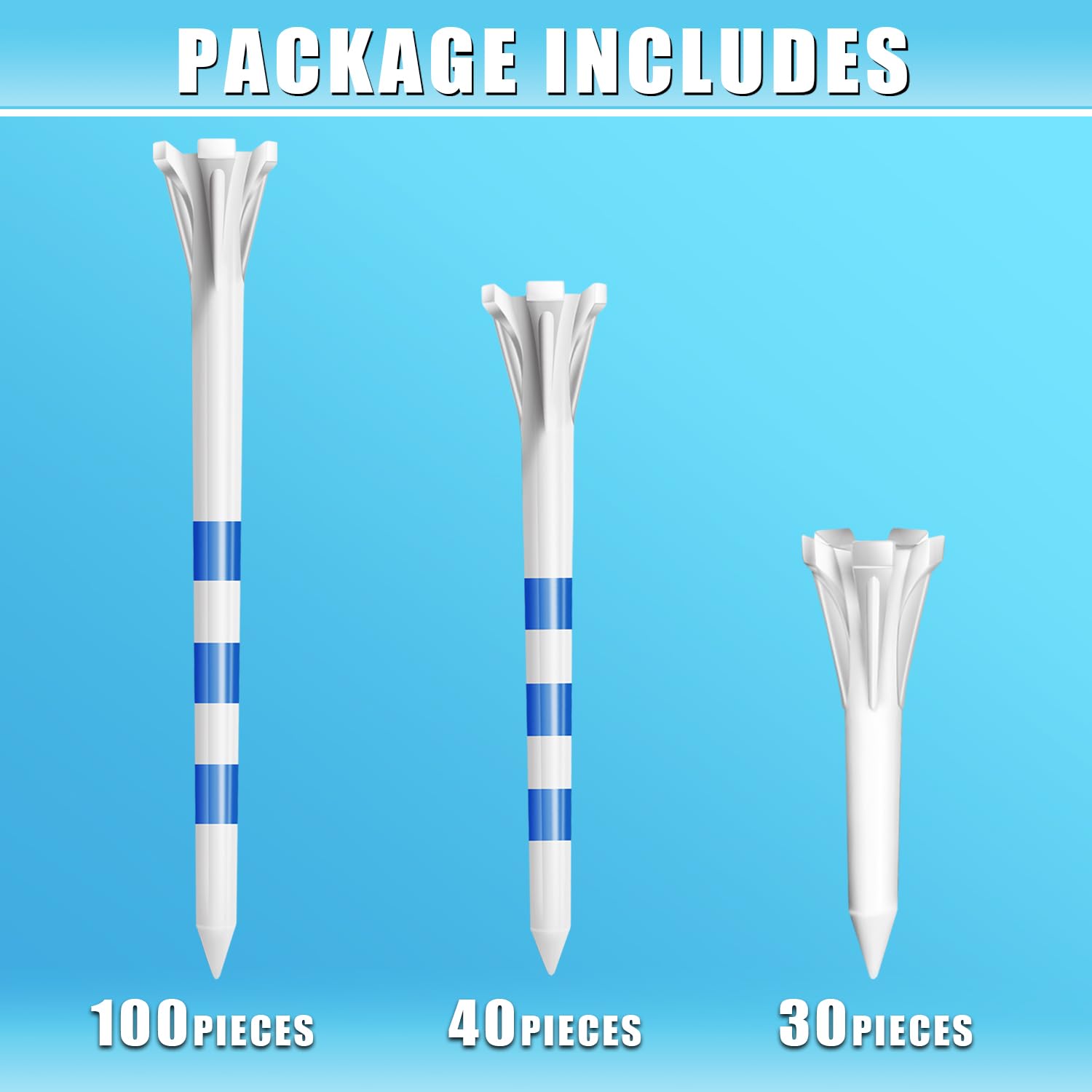 CHAMPKEY Professional 170 Pack 5-Prong Plastic Golf Tees 3 Sizes Assorted Pack - 100 Pcs 3-1/4