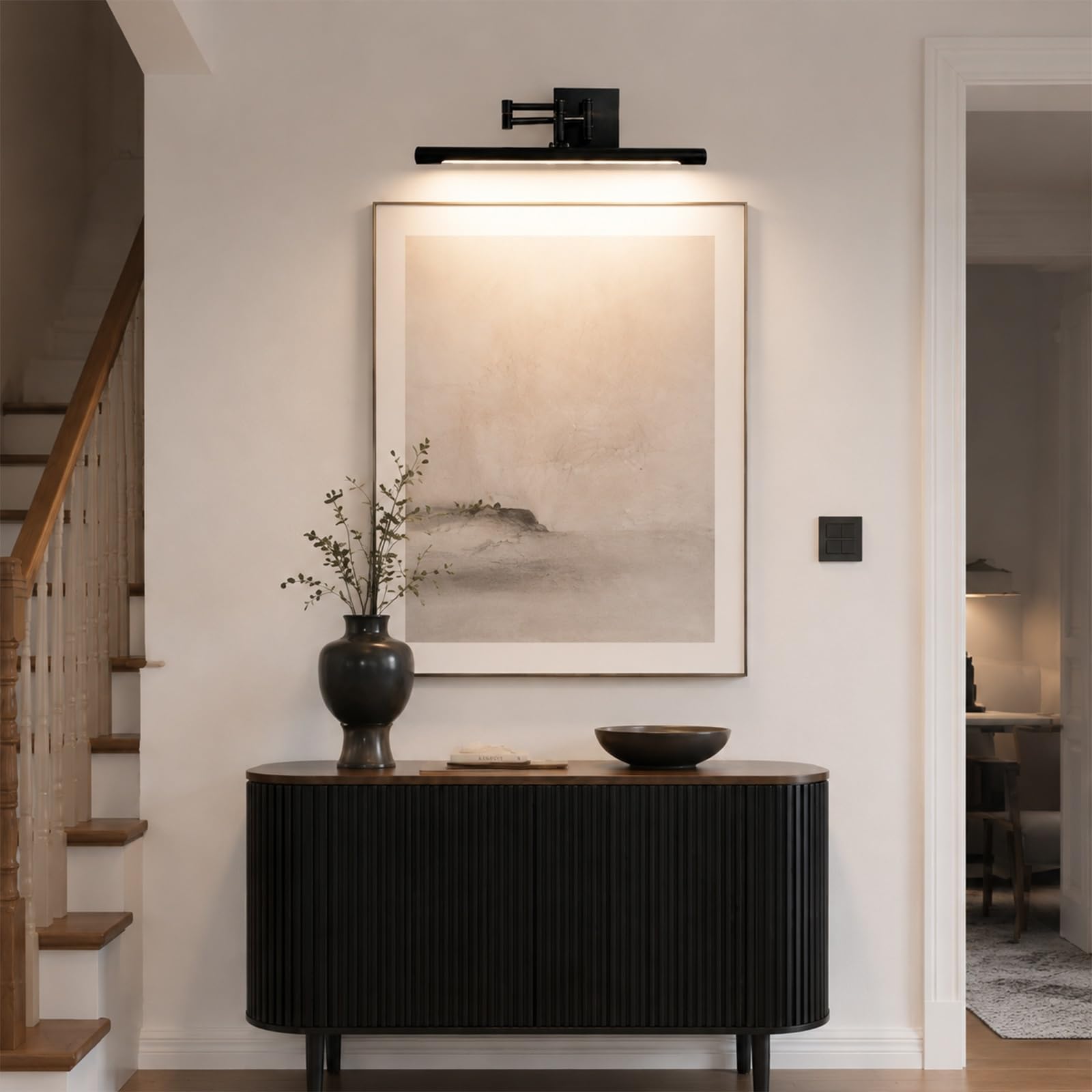 Jadssox Lampe de vanité de salle de bains linéaire à LED, applique murale à bras pivotant, lampe avant de miroir réglable, éclairage d'image à cadre rotatif, lumières de miroir de courtoisie noires
