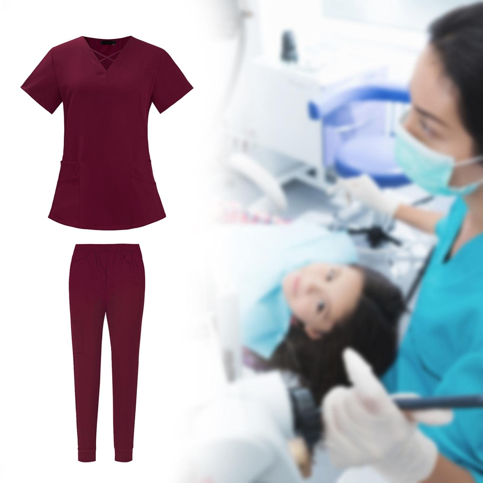 Conjunto de Uniforme Médico para Mujer, Pantalón Cómodos Y Sencillos con Bolsillos. Uniforme de Trabajo para SPA, Asistente de, Jogging Y E, Color rojo en S