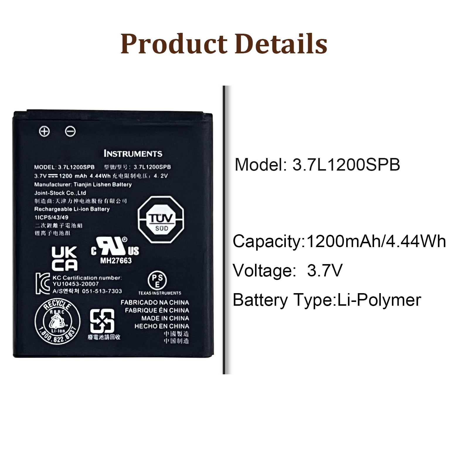 Batería de repuesto 3.7L1200SPB compatible con Texas Instruments TI-Nspire CX, TI-84 CE, TI-84 Plus CE