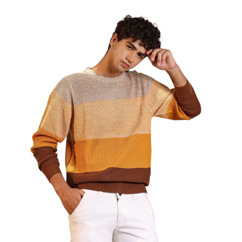 cahoot Men's Pullover Sweater | Round Neck, Ribbed Cuff Sleeves, Pull On Closure, Ribbed-Straight Hem | Colourblock Jacquard for Casual-picture-51