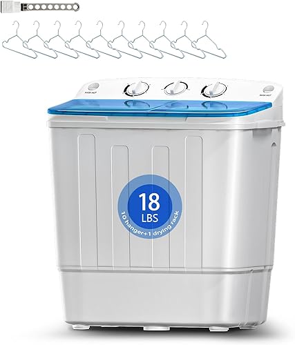 Lavadora portátil, bañera doble de 18 libras (11+7 libras lavadoragiratoria) con 10 perchas y tendedero, para una potente eliminación de manchas,