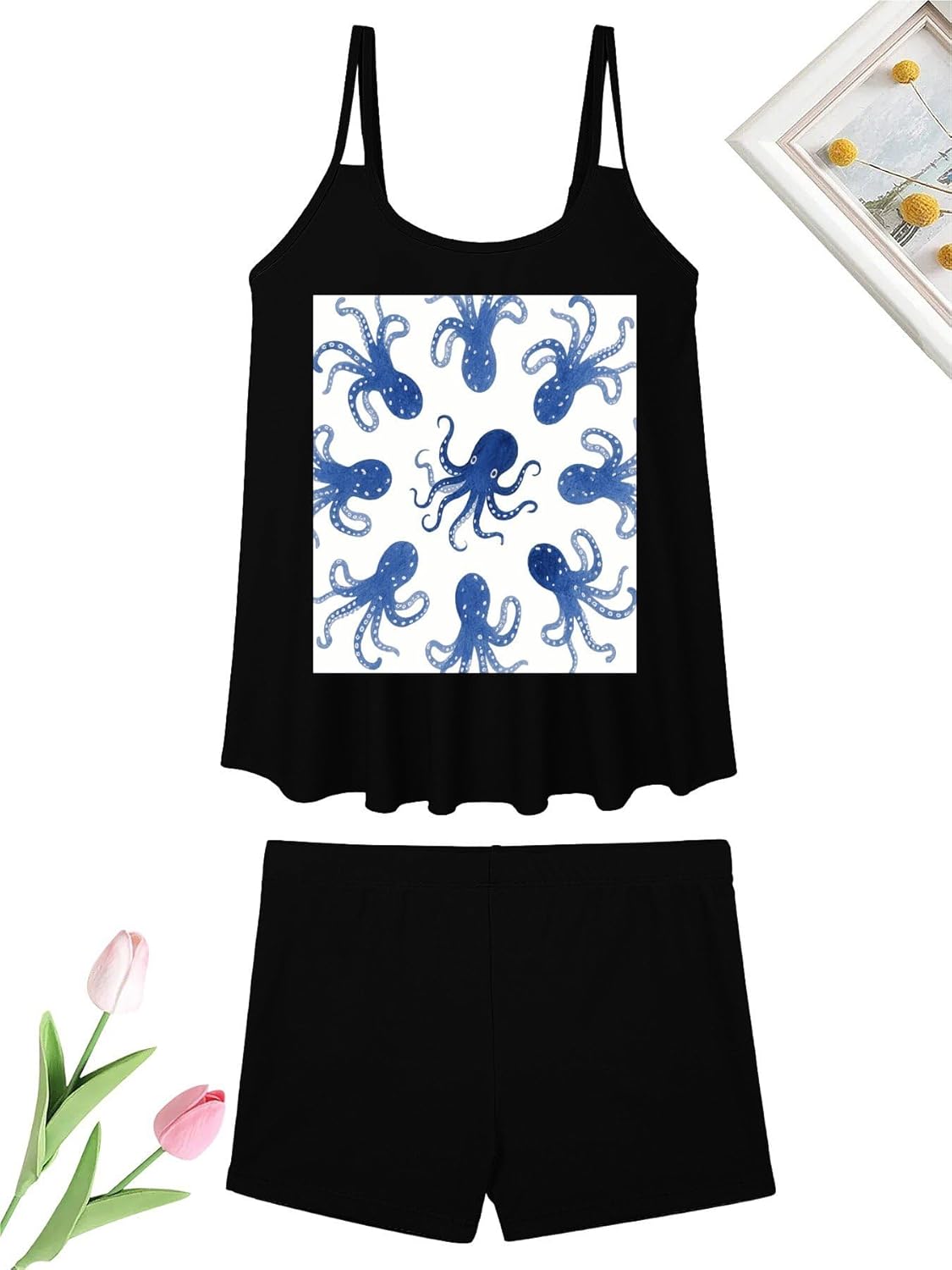Blue Octopus Tankini Swimsuits for Women Tummy Control Two Piece Bathing Suits Swim Tops with Boy Shorts