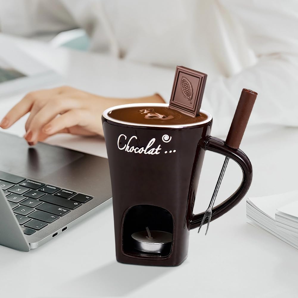 Schokoladenfondue Tasse, Fondue Tasse mit Teelicht und Gabel, Keramik Schoko Fondue Tassen, Tasse mit Teelicht Schokolade, für Käse, Schokolade, Butter und Karamell (Red)