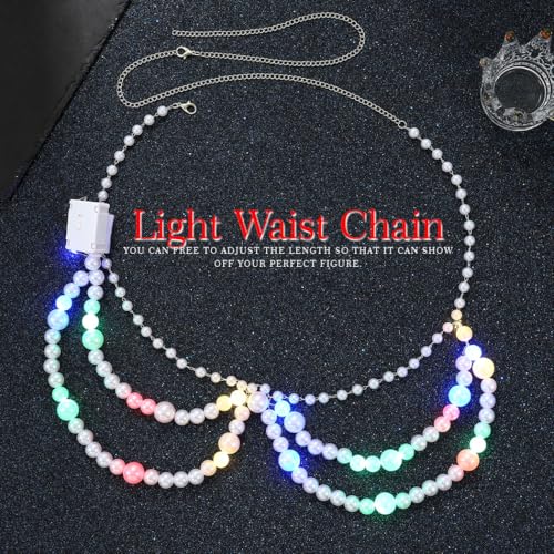 DRESBE Light Up Pearl Waist Belt LED Bikini Body Chains Rave Body Accessories for Women White2