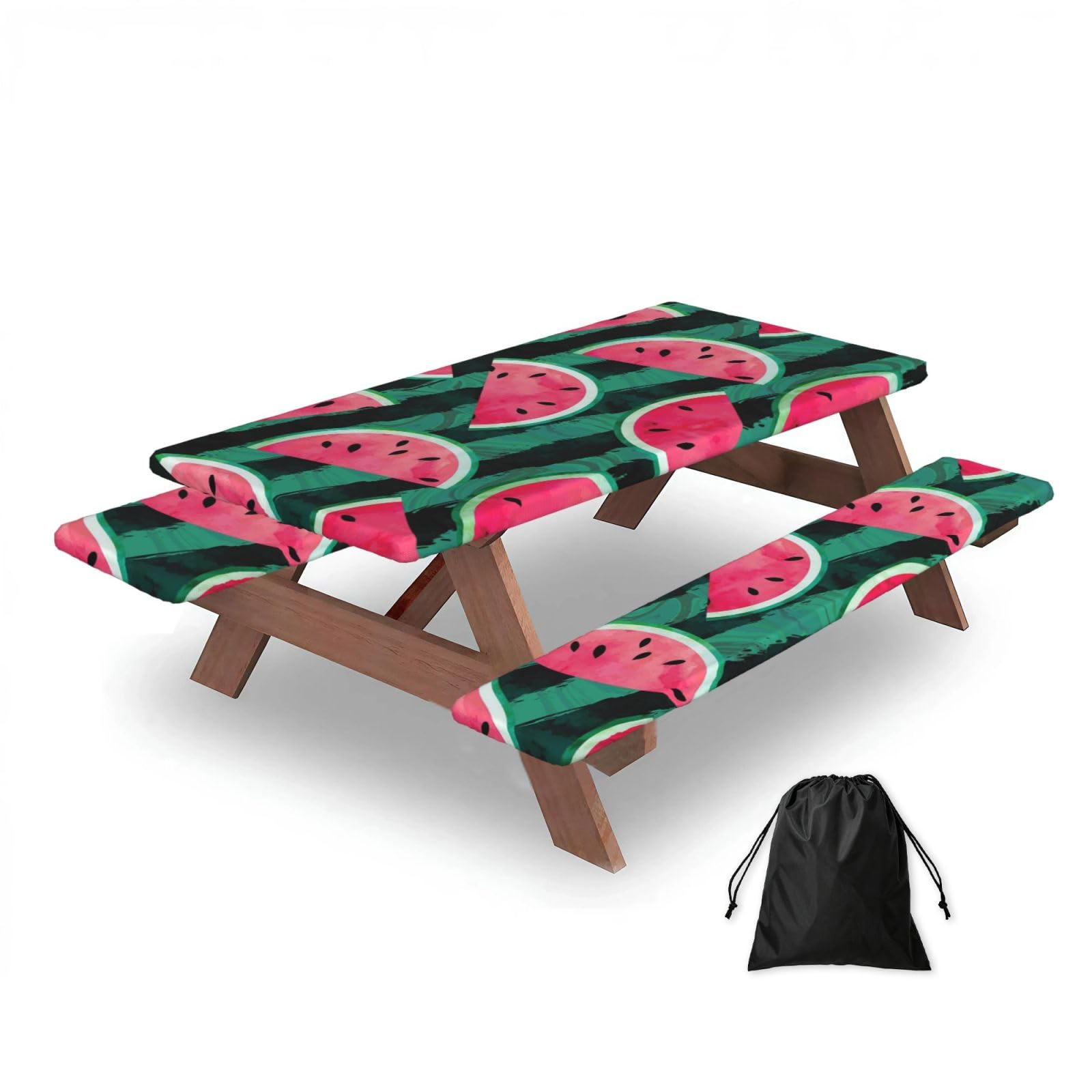 Summer Watermelon Cool, Picnic Table Cover With Bench Covers -Waterproof Elastic Fitted Tablecloth for Garden Camping Patio 76x152cm