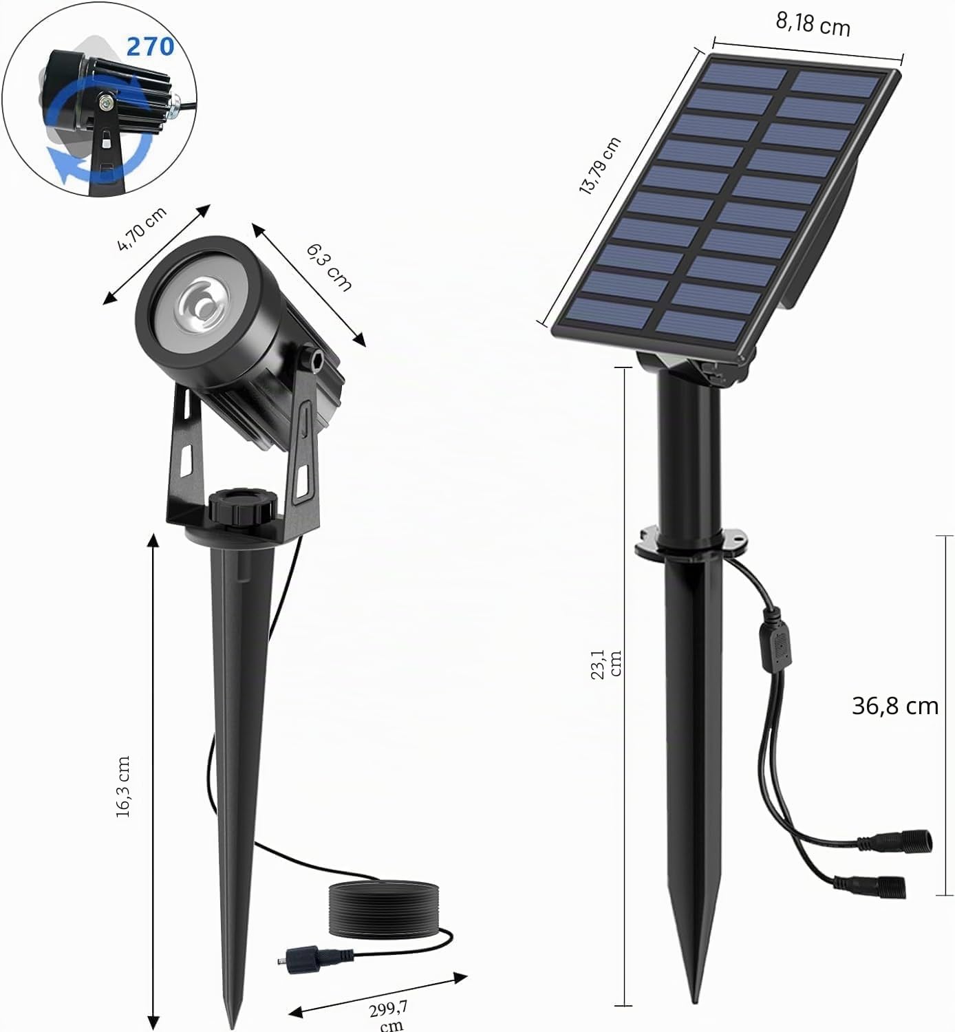 T-SUN Foco Solar Exterior 2 en 1 Luces Jardin 3000K Luz Super Brillante Iluminación, Impermeable IP65 Lámpara Solar para Camino/Césped