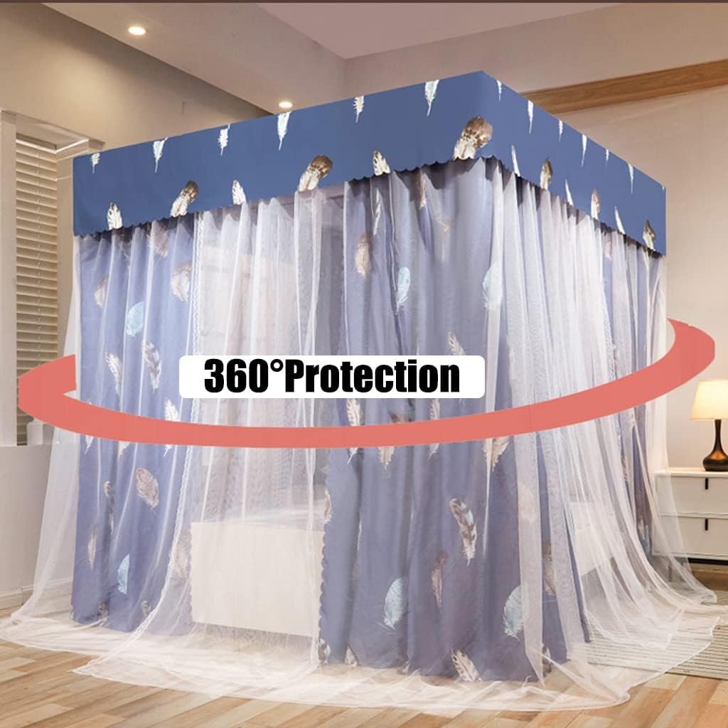 Cute Princess 4 Corner Post Mosquito Net&Bed Canopy Curtain Canopy for Girls Boys Bed Bedroom Kids Rooms for Twin/Full/Queen/King Size Bed Decoration (Cyan-Leaf, Mosquito Net&Bed Canopy, Kin