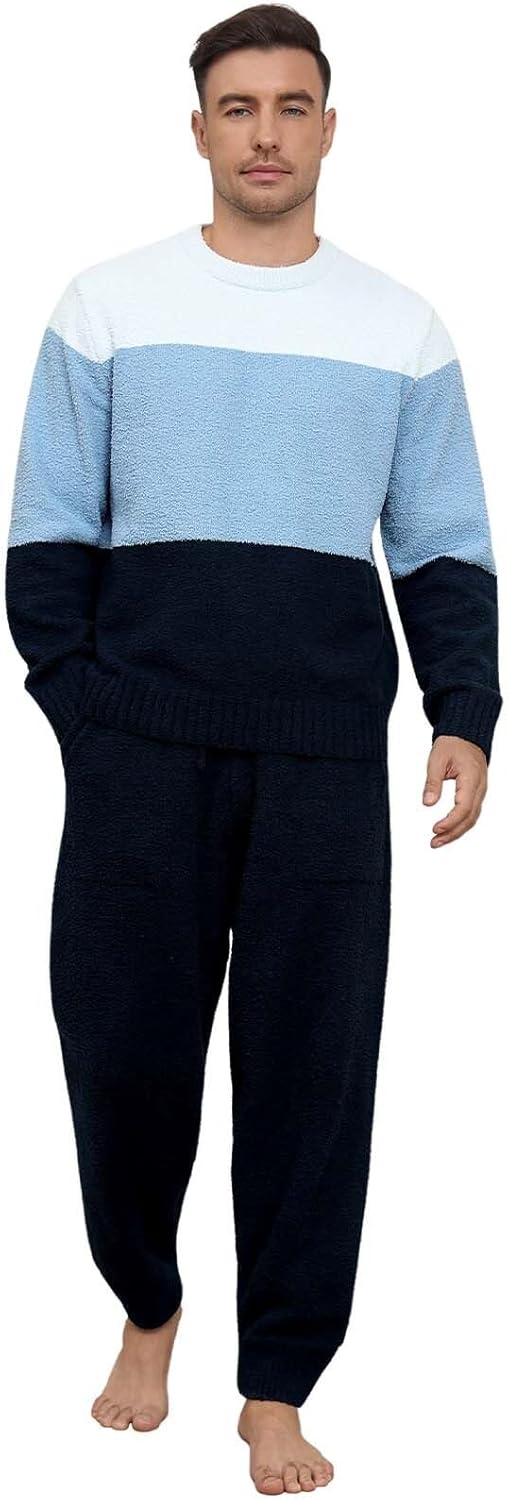 Wiepux Mens Winter Pajamas Set Soft Warm Round Collar Long Sleeve Sleepwear Comfy Loungewear Pjs with Pockets