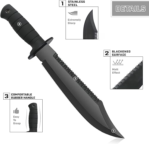 Miniatura 4 de LANCERGEAR Cuchillo de caza de supervivencia con funda, hoja fija de acero inoxidable de 15 pulgadas, mango antideslizante de goma negra, adecuado