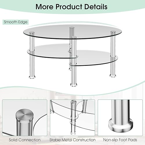 Miniatura 7 de COSTWAY Mesa auxiliar de cristal, mesa auxiliar de sofá de 3 niveles con patas de tubo de metal y estantes abiertos, moderna mesa auxiliar ovalada