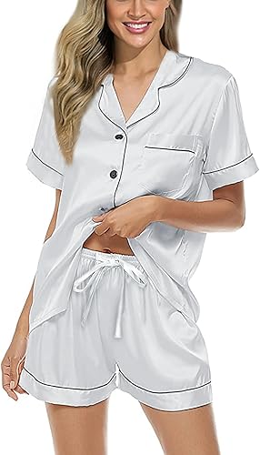 Vista 3 de 3Pack Womens Silk Satin Pajamas Set Short Sleeve Top and Shorts Pjs Sets Silky Sleepwear Nightwear