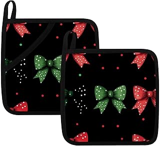 Set of 2 Green and red Dotted Bow (1) Pot Holders Kitchen Decorative Heat Resistant Potholder Hot Pads for Cooking Baking Microwave Oven End Dishes BBQ Holiday Decors