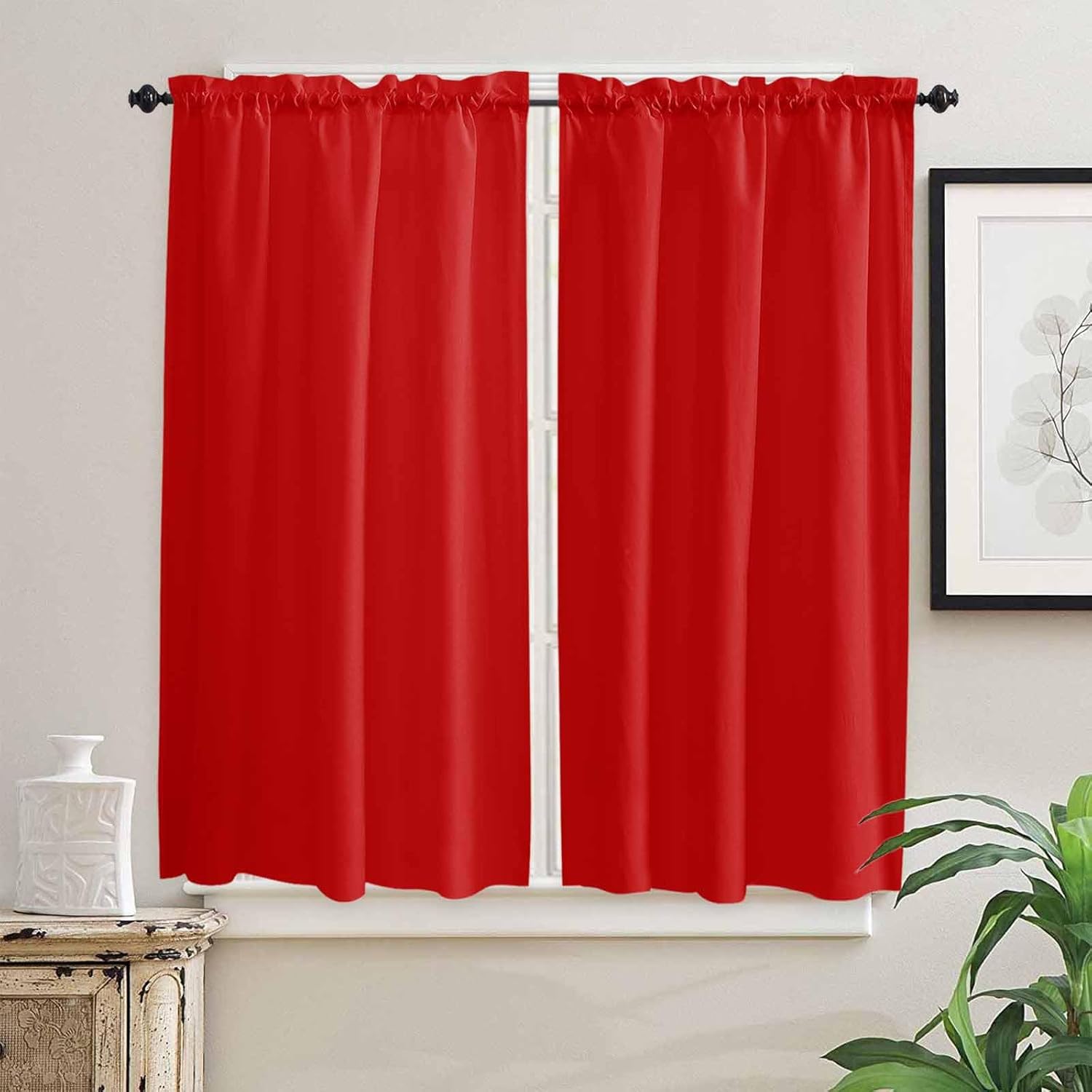 Christmas Red Kitchen Curtains, Modern Simple Xmas Red Backdrop Light Filtering Window Curtain Panels, 2Pcs Rod Pocket Window Treatments Set for Living Room Bathroom Bedroom 42x63 Inches