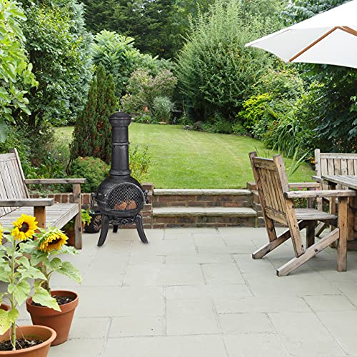 Relaxdays Terrassenofen, Aztekenofen mit Schürhaken, Gusseisen, Funkenschutz, für Garten, HxBxT: 112x46x48 cm, Silber-2