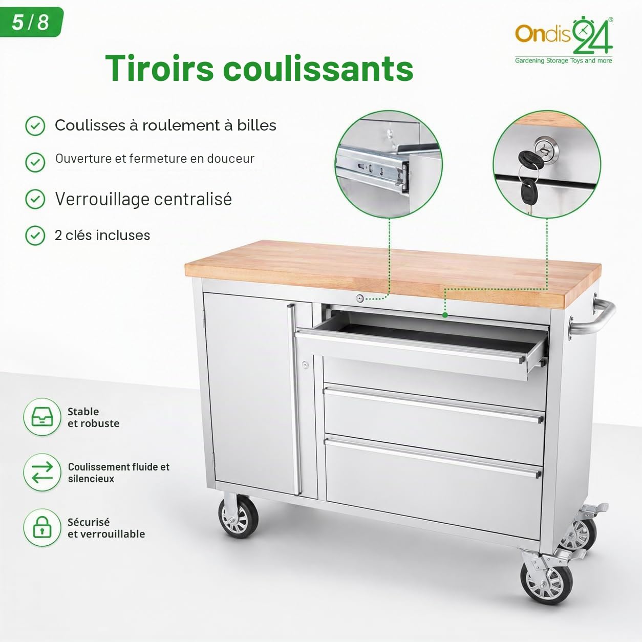 Ondis24 Chariot d'atelier en acier inoxydable avec 4 tiroirs à roulement facile et plan de travail en bois massif XL - Roulettes pivotantes - Gris - 130 x 49 x 92 cm