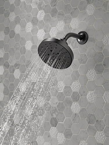 Miniatura 2 de Cabezal de ducha Delta Faucet de 5 chorros con tecnología H2Okinetic, cabezal de ducha tipo lluvia negro mate, cabezal de ducha redondo, cabezal de