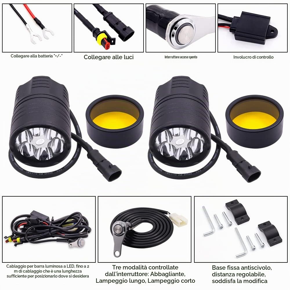 Biqing 2PCS Kit Fari Supplementari per Moto+Cablaggio Interruttore+Lenti Ambra,6x10W Fari Moto Faretto Anteriore 12V/24V Fendinebbia Motos LED Universale Impermeabile 3 Modalità