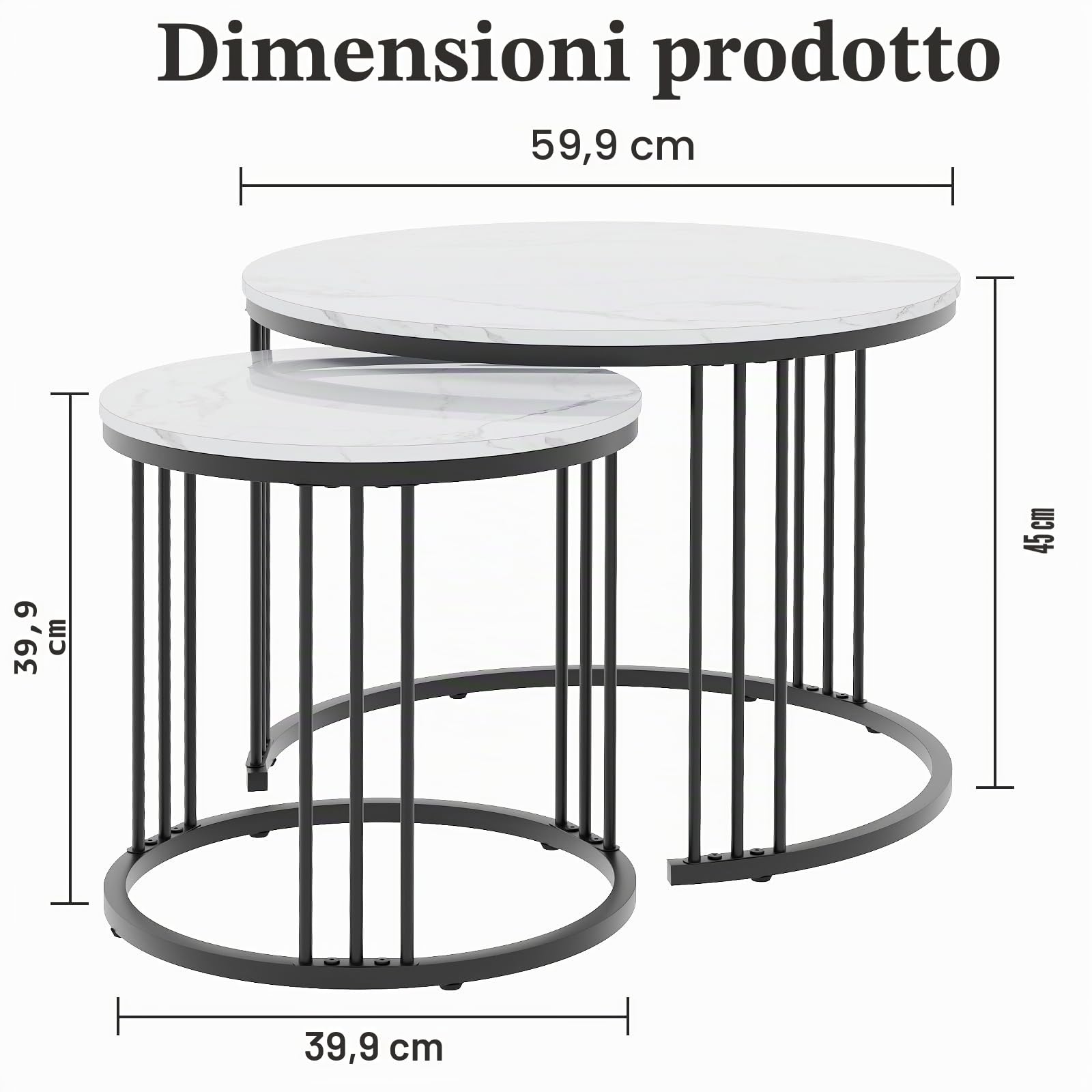 Set di 2 tavolini rotondi, per soggiorno, camera da letto, ufficio, balcone, struttura in metallo nero e piano in marmo bianco