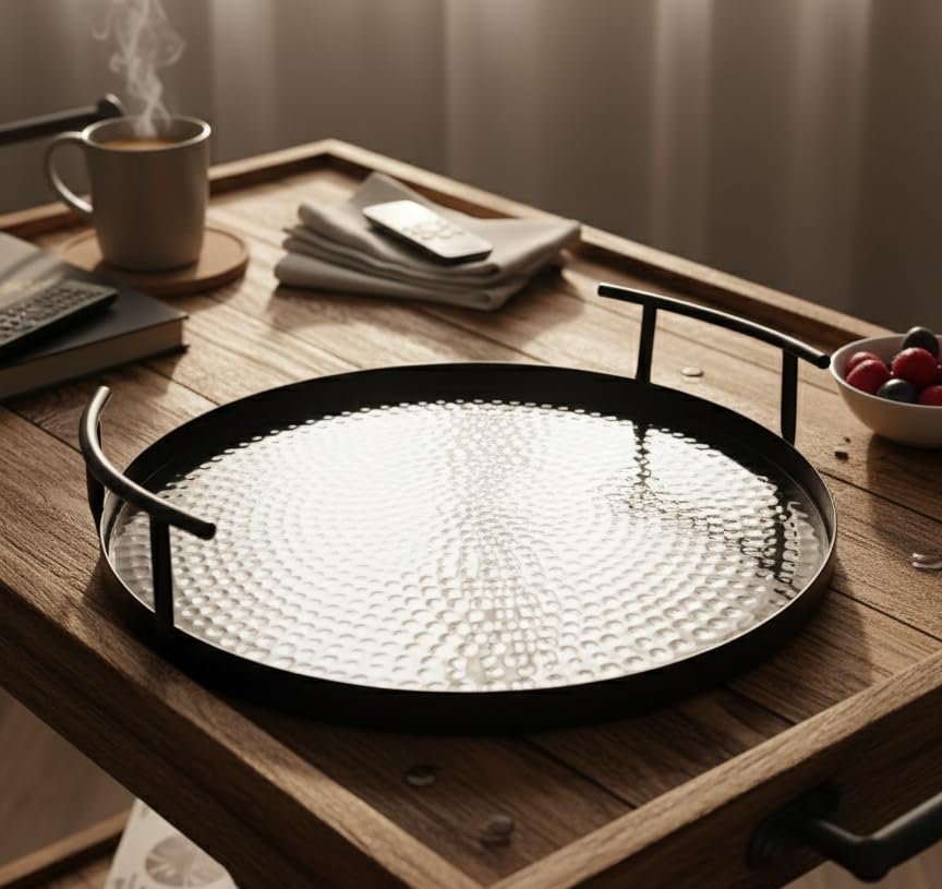 Black Round Hammered Serving Tray – Shiny Metal Platter with Handles for Tea, Coffee & Snacks Size(14L*14W*2.7H) Made in India Mfr by Grd Intl®