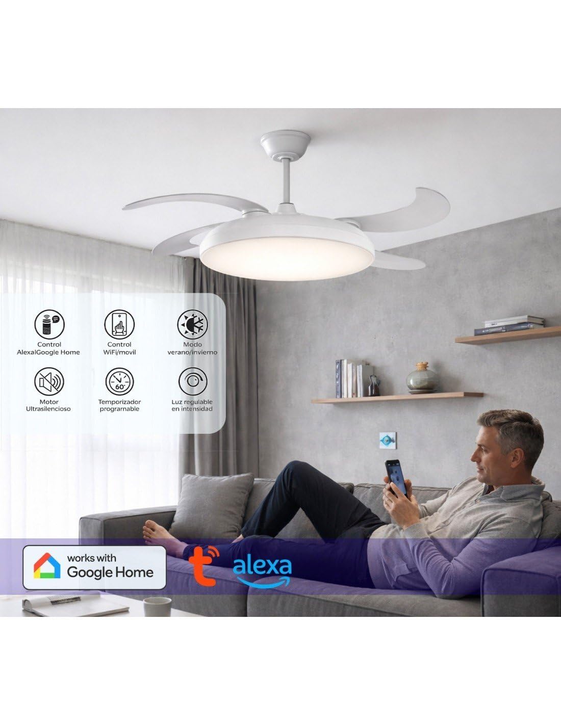 JARDIN202 - Ventilador de Techo Wifi Alexa/Google Home con Aspas Retráctiles, Motor DC, Temporizador, Luz LED Regulable, Mando a Distancia | 50 cm (Zahara Wifi Blanco)