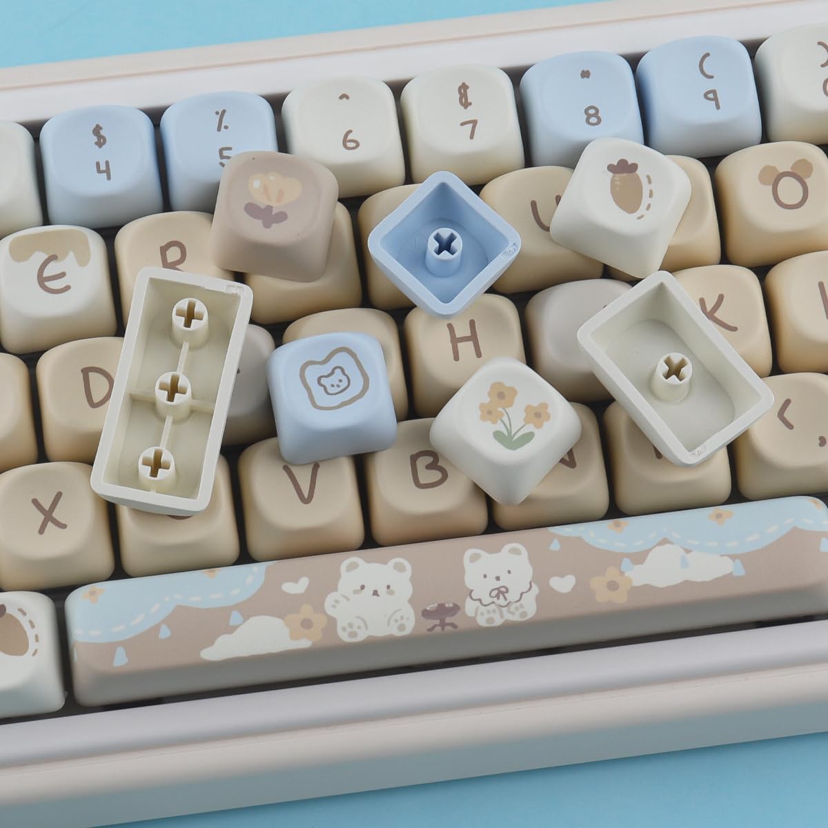 Sunzit MOA Keycaps,132 Keys Milk Tea Bear Custom PBT Keycaps, Dye-Sublimation Key caps Keyboard Keycap Set for MX Switches Mechanical Keyboard