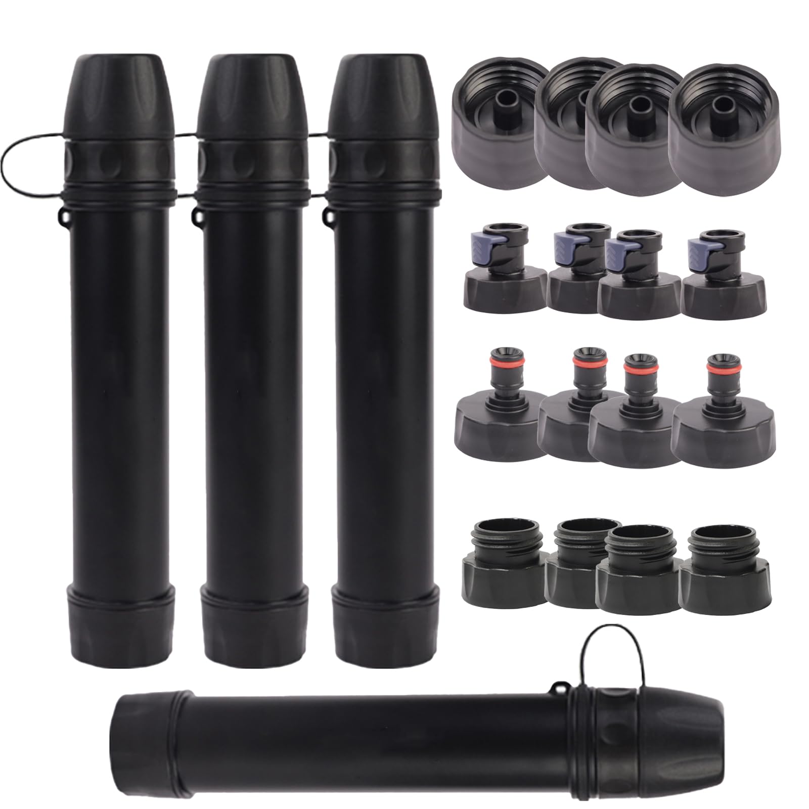 Lot de 4 pailles filtrantes à eau de survie pour randonnée et camping, purificateur d'eau personnel portable 2025, longue durée de vie de 3 000 L, comprend une bouteille et des adaptateurs de poche