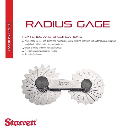 Miniatura 8 de Starrett Medidor de filete o radio para radios convexos y cóncavos, ideal para construcciones, acero inoxidable, 30 hojas, calibre de radio