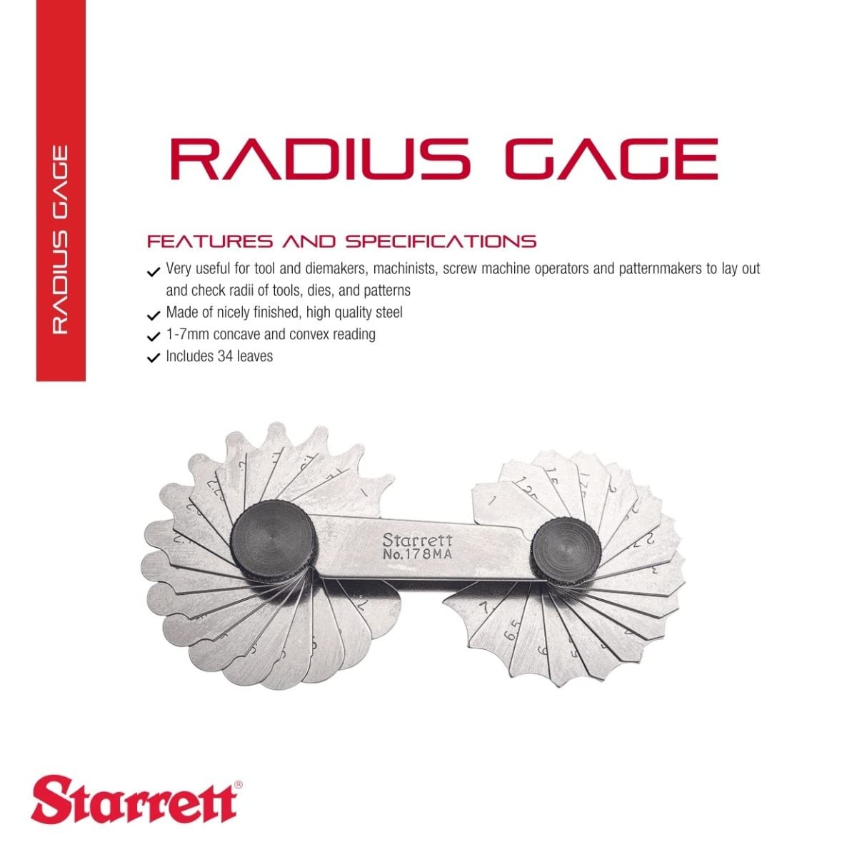 Starrett 178 MA, średnica filetu lub promienia z blokadą, podziałka 1–7 mm, 0,25 mm i 0,5 mm, 34 arkusze