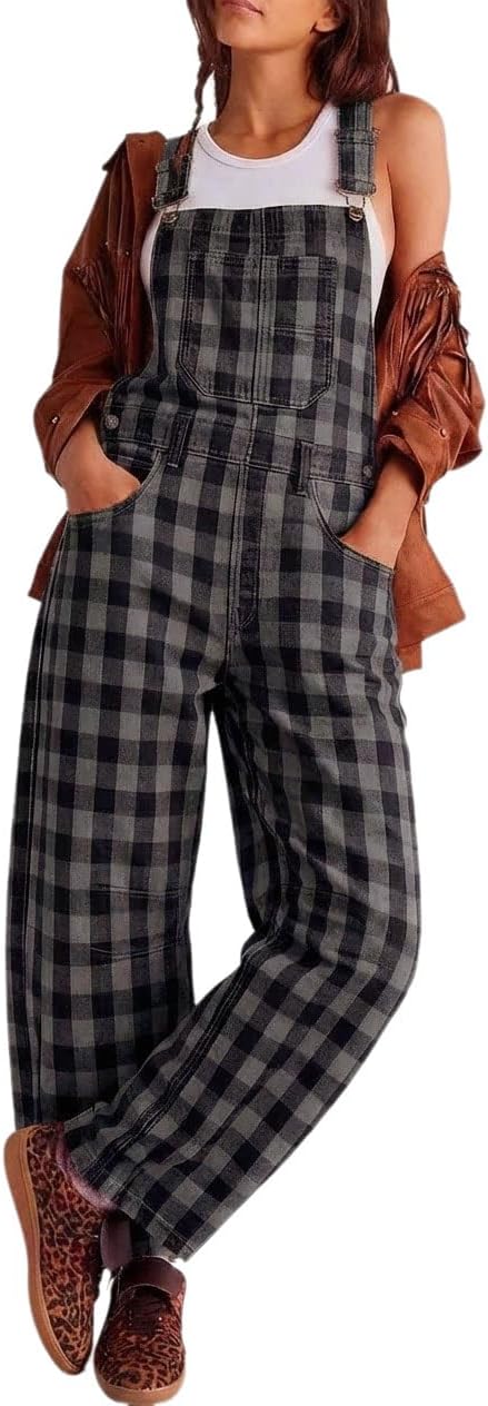 utcoco Women's Buffalo Plaid Denim Overalls Boyfriend Barrel Leg Adjustable Strap Jumpsuit