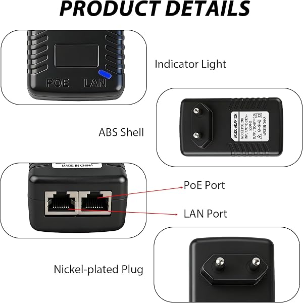 48V 0.5A PoE Adaptateur Injecteur Ethernet, 24W Adaptateur d’Alimentation Ethernet avec Débit 100Mbps et Voyant LED, 48V PoE Injecteur Mural avec Prise EU, pour Caméra IP AP WiFi Téléphone VoIP - 4