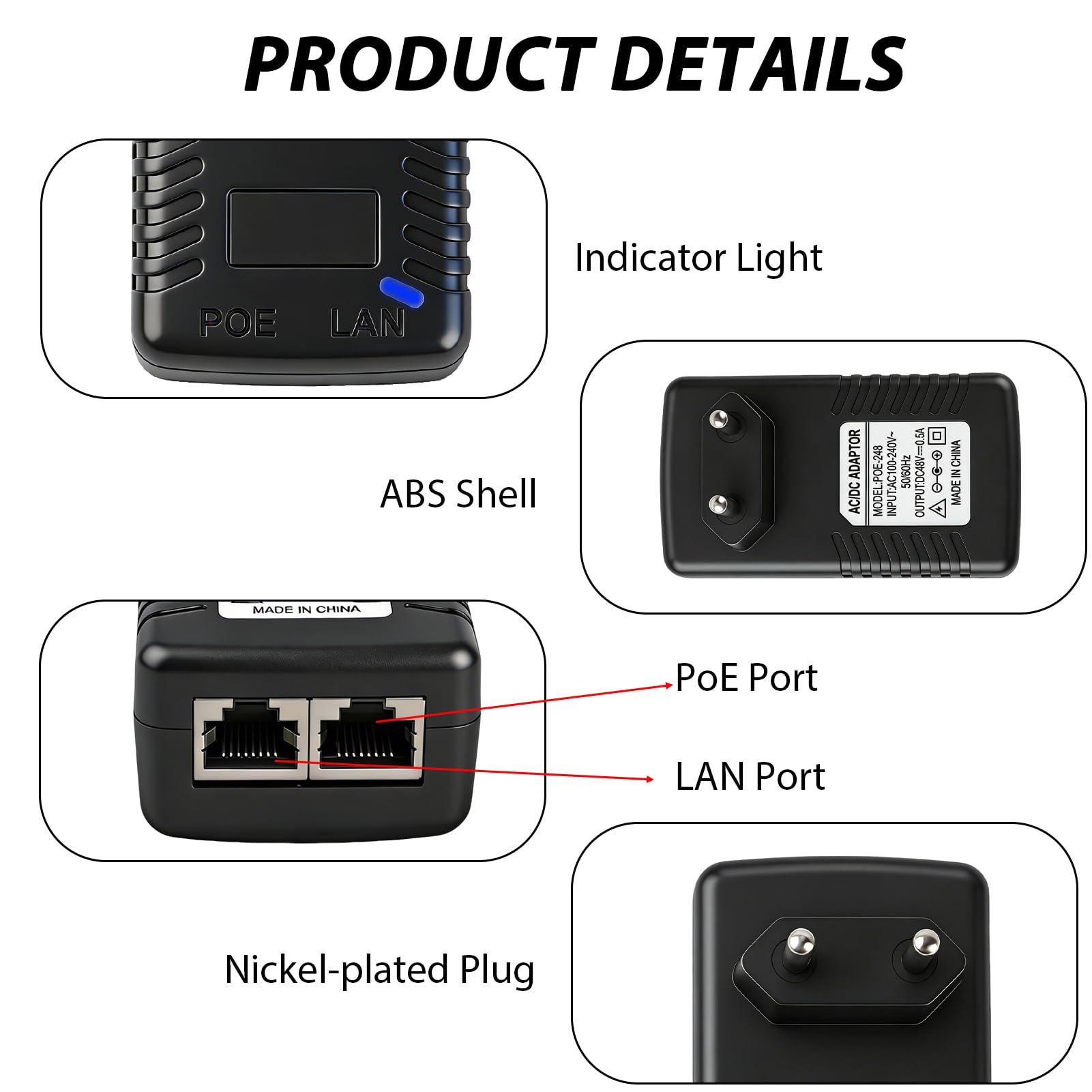 48V 0.5A PoE Adaptateur Injecteur Ethernet, 24W Adaptateur d’Alimentation Ethernet avec Débit 100Mbps et Voyant LED, 48V PoE Injecteur Mural avec Prise EU, pour Caméra IP AP WiFi Téléphone VoIP