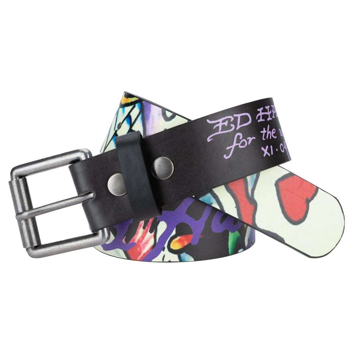 ED HARDY Men's 38mm Skull in Love Print Studded Belt, Black, 38