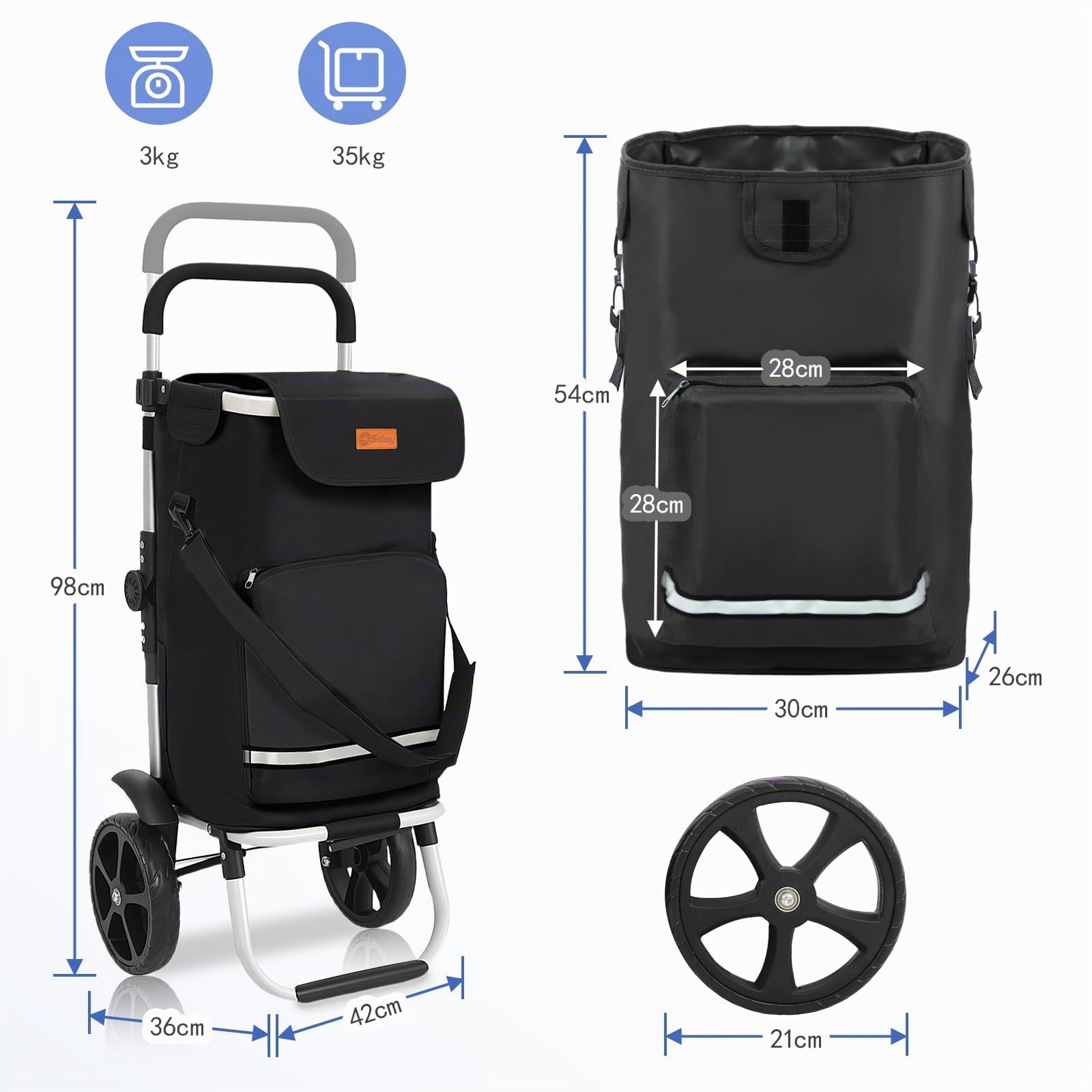 Sekey Chariot de Courses Pliable 3 en 1, Caddie Isotherme avec Sangle de Fixation, Sac Bandoulière et Porte-Bouteille, Trolley/Diable Pliable pour Courses, Camping – Noir