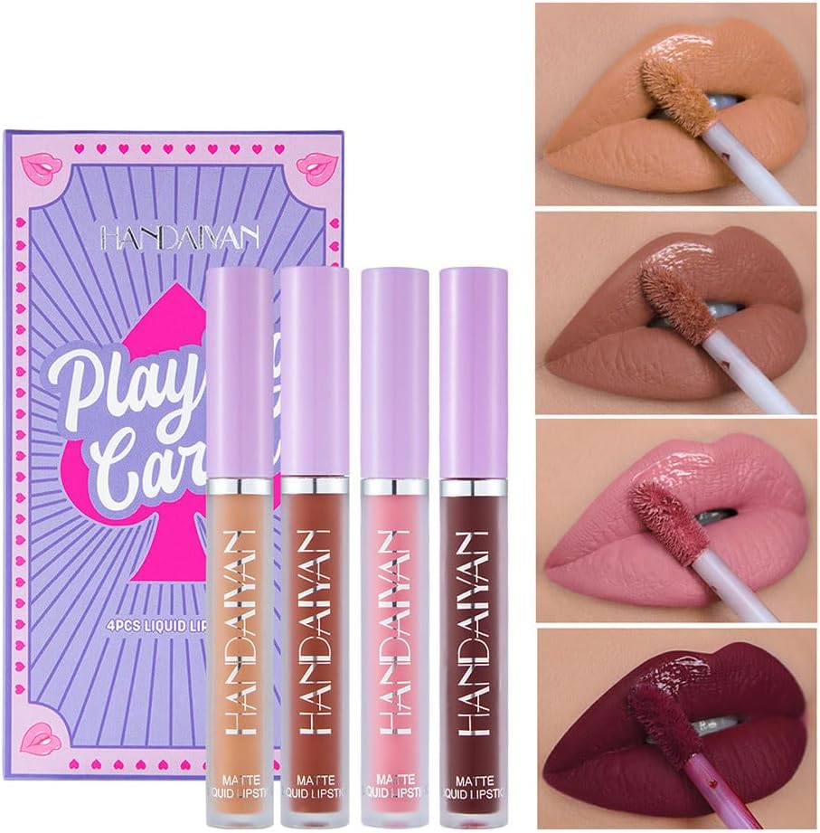 HANDAIYAN Lipstick Set Matte Liquid 4 Colors Long Lasting Waterproof for Women Highly Pigment Velvety Nude Super Stay Soft Hydrating & Lightweight Professional Moisturizing Makeup Lips Gift (1)