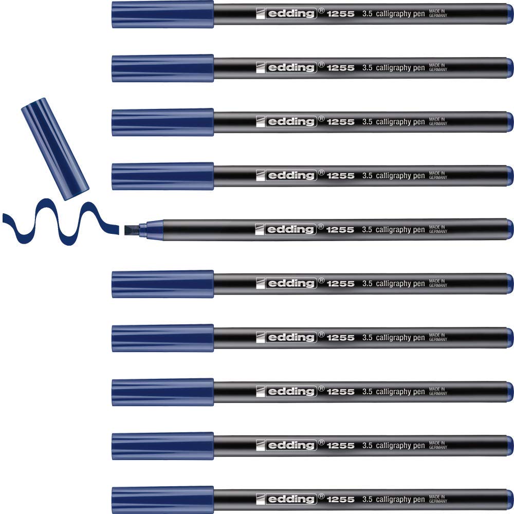 edding 1255 Calligraphy Pen - Steel Blue, 3.5mm Nib - Box of 10 - Fibre Pen for Paper, Wood, Terracotta, Canvas - Hand Lettering, Bullet Journals, Thank You Cards, Calligraphy Books