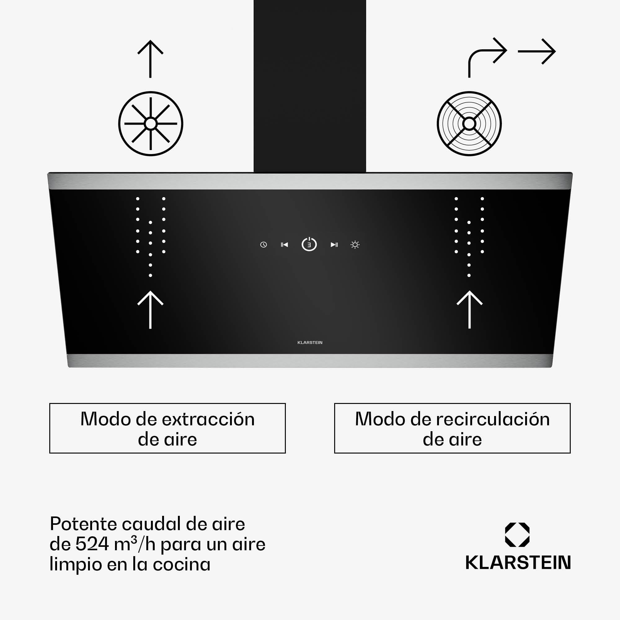 Klarstein FlashLine - Cappa da Cucina da 90cm, Cappa Inclinata, Touchscreen, 524 m³/ora, Efficienza Energetica A++, LED, Silenziosa: 34,5 dB, Nero, Scarico & Ricircolo