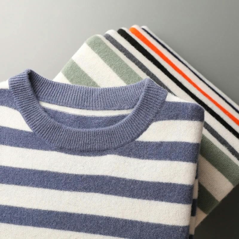 Pull d'automne pour homme tricoté : col rond rayé ample d'hiver