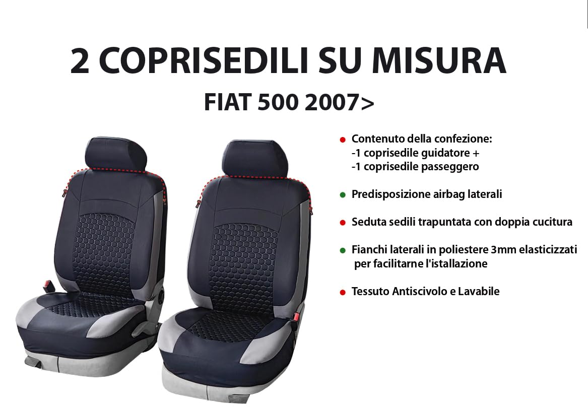 Set Coprisedili Auto Anteriori 2 Pezzi per FIAT 500 dal 2007 - Fianchi elasticizzati, Tessuto Antiscivolo Trapuntato in Poliestere, Lavabile, Alta Qualità - OFFICINE MILANO