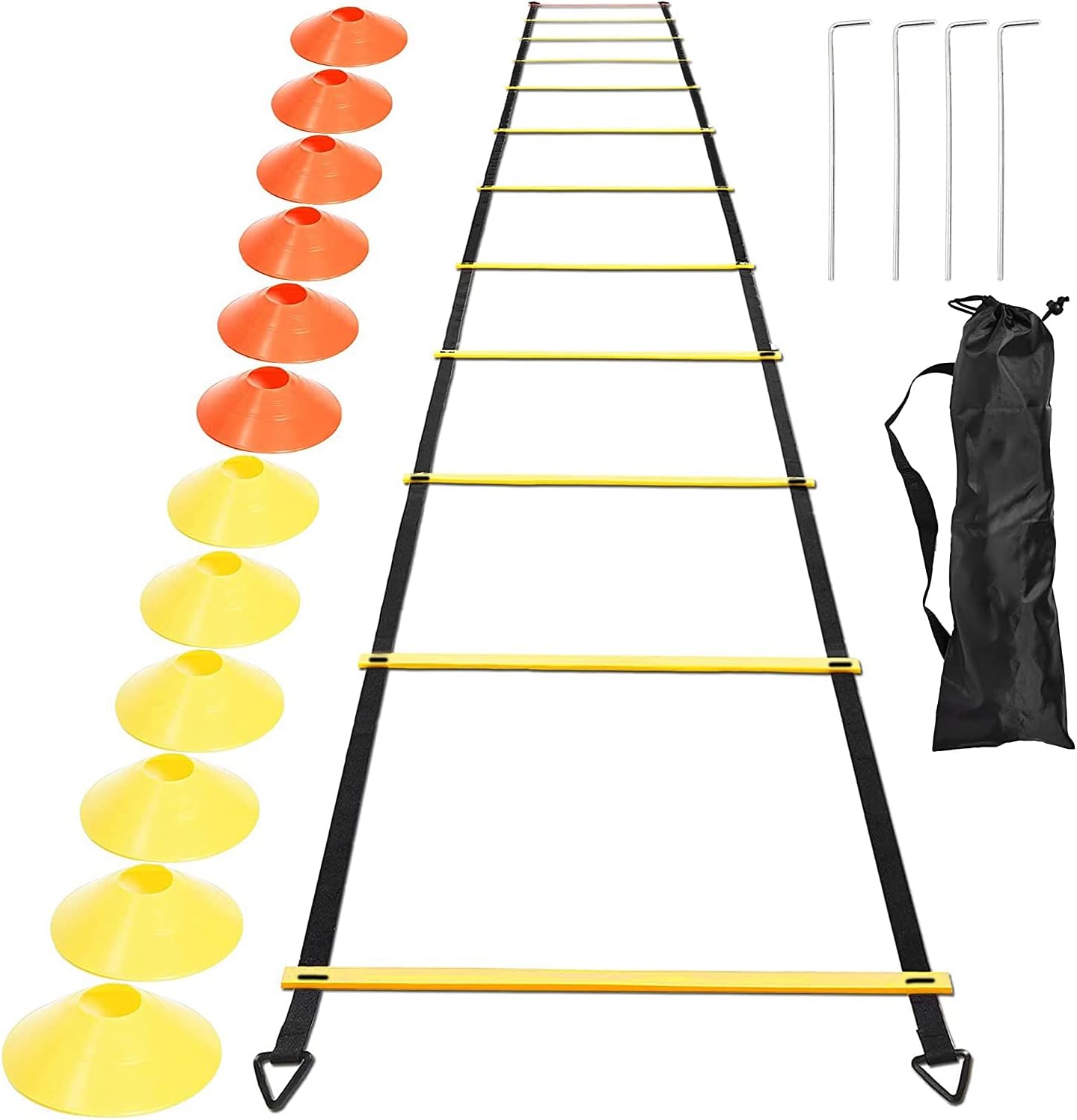 Yuuinnter Sports Speed Agility Training Set 12 Disc Cones 4 Steel Stakes and Agility Ladder for Football Basketball Rugby Track Yuuinnter Sports Speed Agility Training Set 12 Disc Cones 4 Steel Stakes and Agility Ladder for Football Basketball Rugby Track